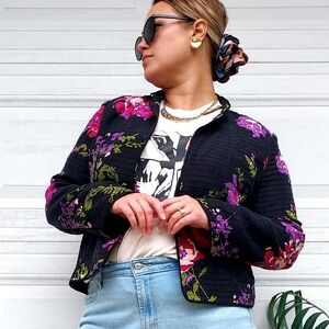 Nexx Black Purple Silk Bomber Jacket with Floral Design